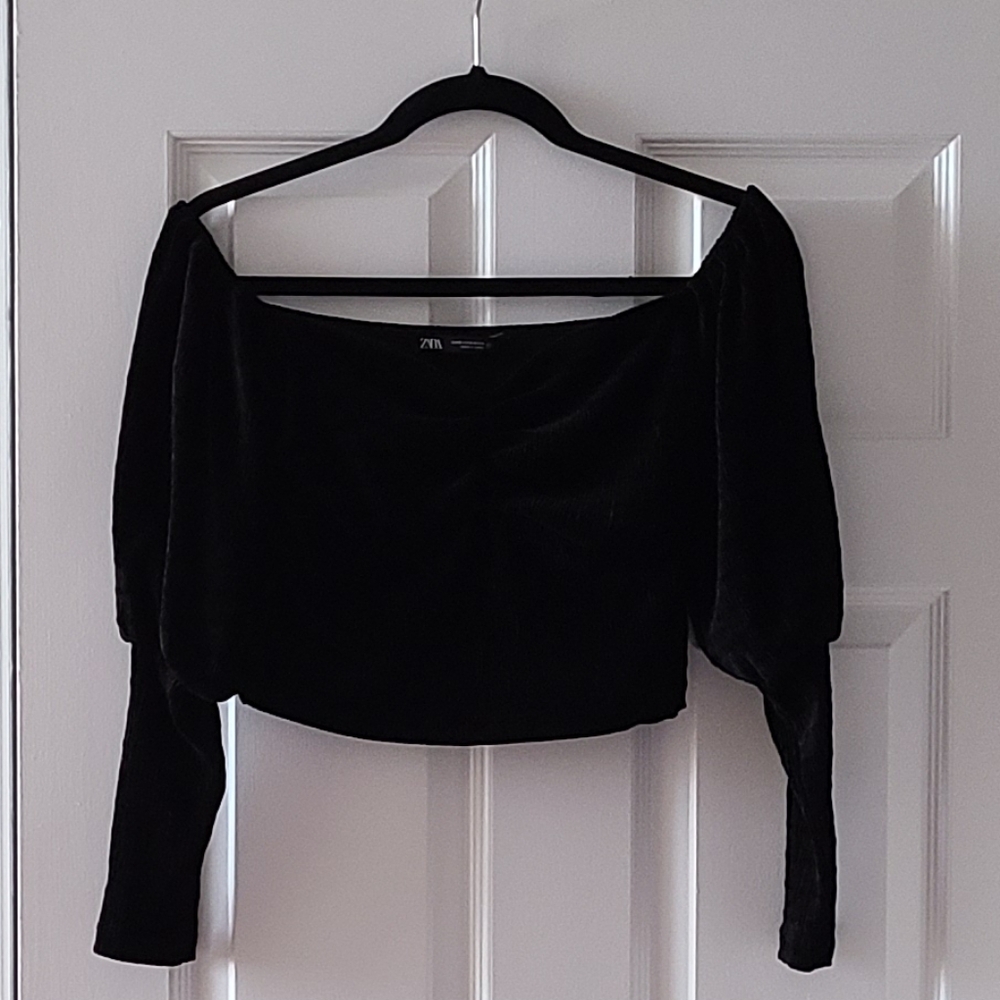 Zara Black Velvet Puff Sleeve Bustier Crop Top Small
